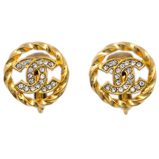 Luxury Chanel Gold Button Earrings Clip-On Rhinestone 2137