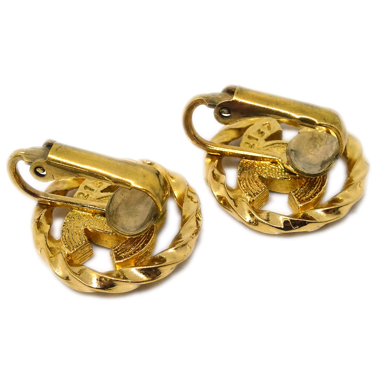 Luxury Chanel Gold Button Earrings Clip-On Rhinestone 2137