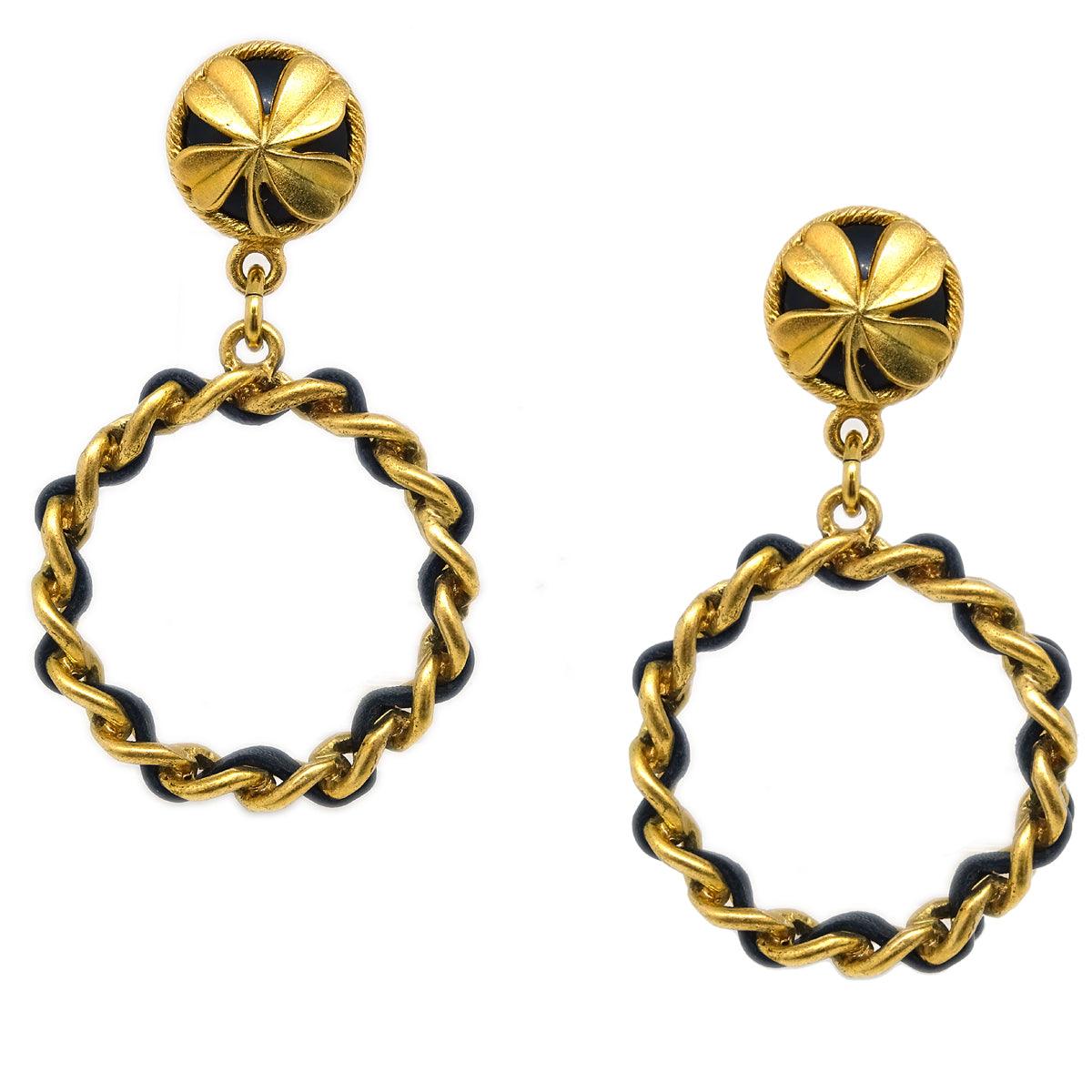 Luxury Chanel Hoop Dangle Earrings Clip-On Gold Black 94C