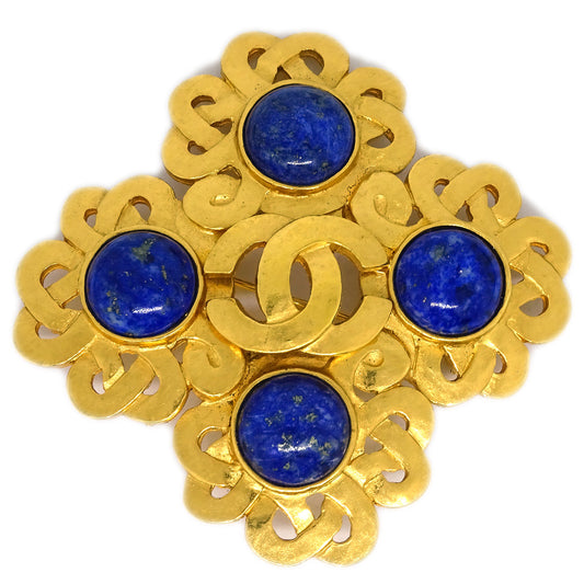 Luxury Chanel Stone Brooch Pin Gold Blue 97P