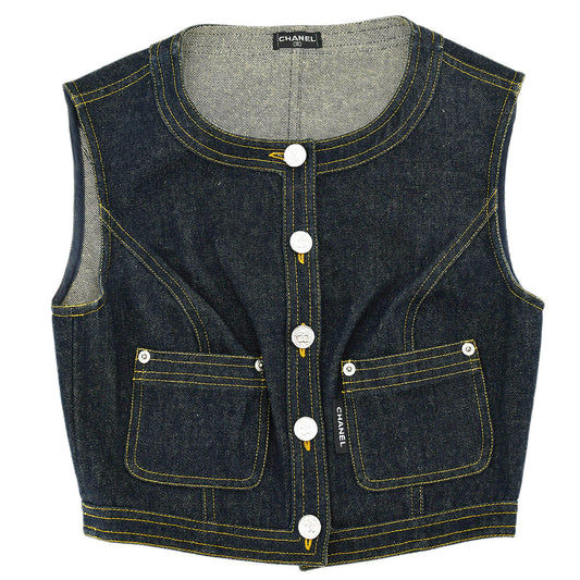 Luxury Chanel Sleeveless Vest Denim Jacket Indigo