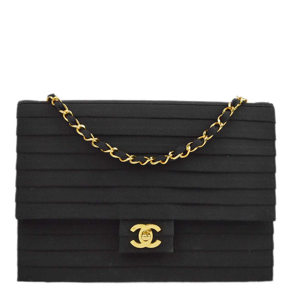 Luxury Chanel 1989-1991 Black Canvas Flap Chain Shoulder Bag