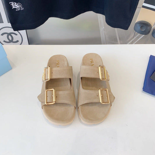 Luxury PradaSTRAP SLIDES SANDALS BEIGE SUEDE