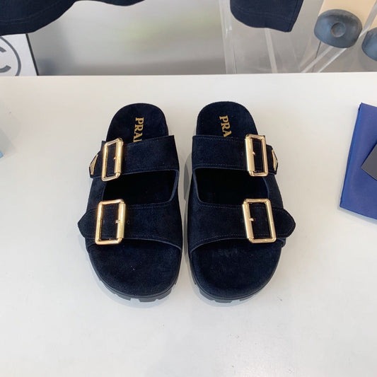 Luxury PradaSTRAP SLIDES SANDALS BLACK SUEDE