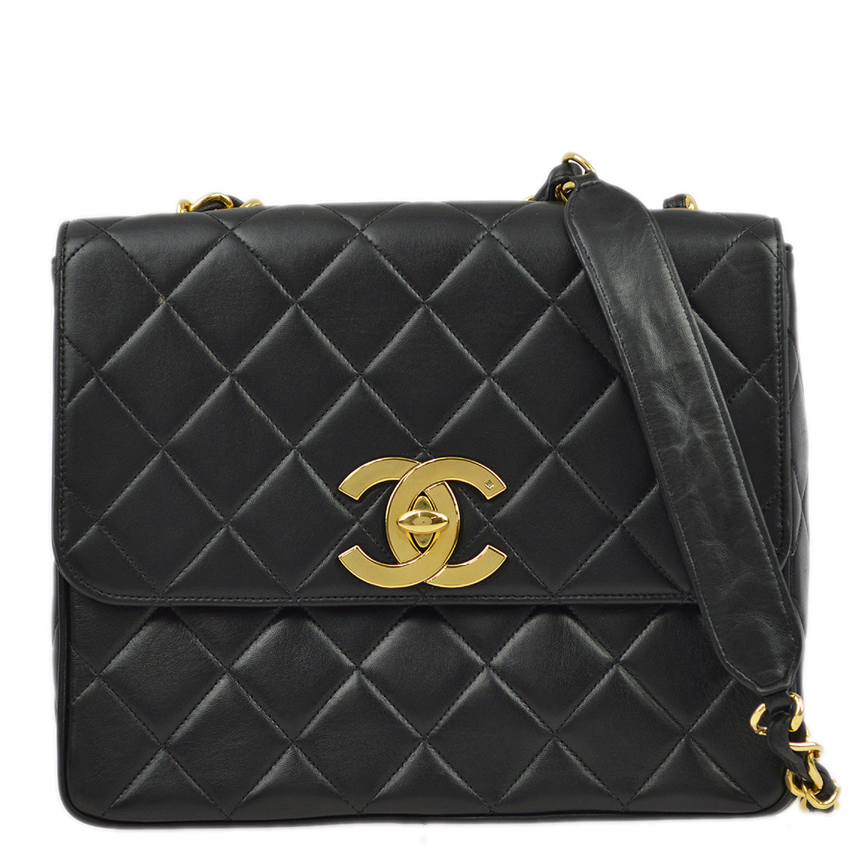 Luxury Chanel 1991-1994 Black Lambskin Straight Flap Chain Shoulder Bag