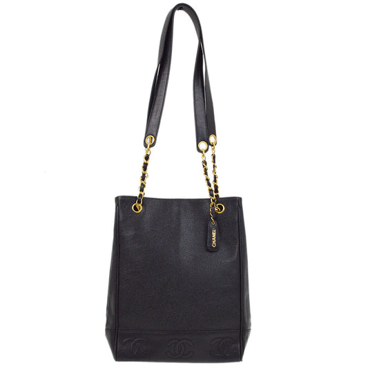 Luxury Chanel 1996-1997 Black Caviar Triple CC Shoulder Tote Bag