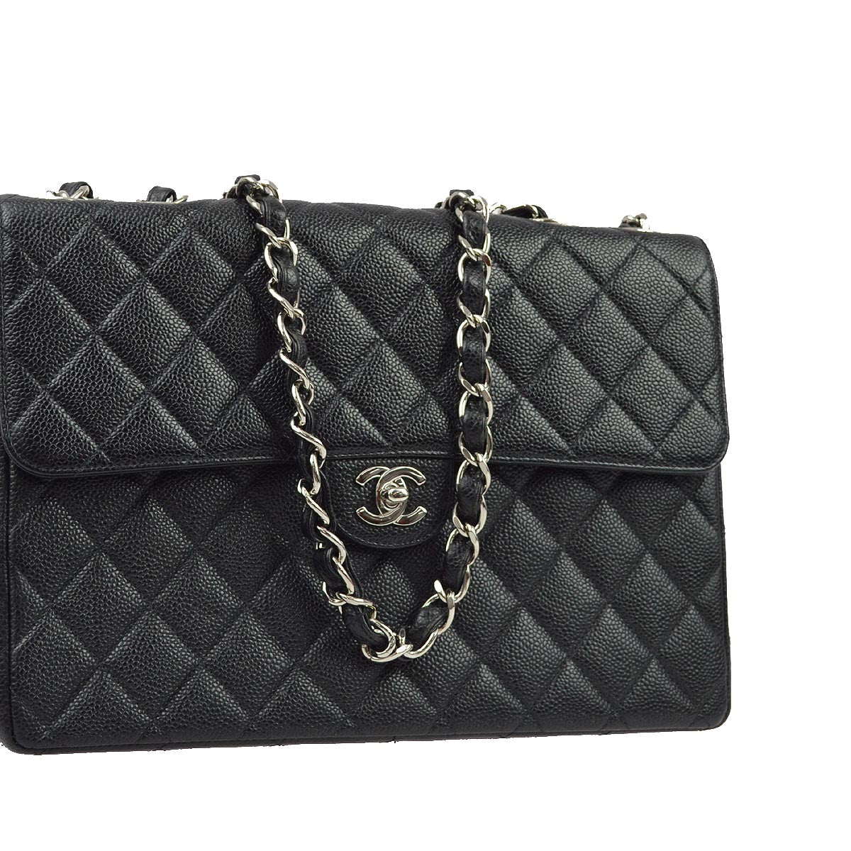 Luxury Chanel 2001-2003 Black Caviar Jumbo Classic Flap Shoulder Bag