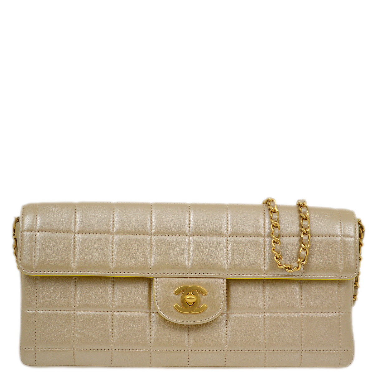 Luxury Chanel 2000-2001 Metallic Beige Lambskin East West Choco Bar Chain Shoulder Bag