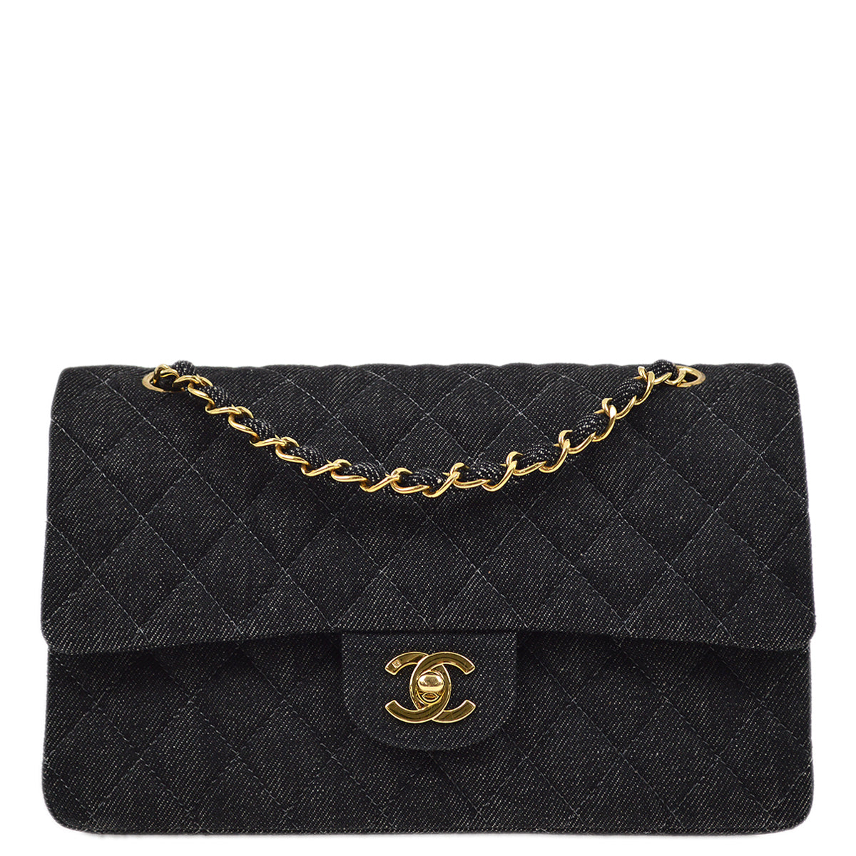 Luxury Chanel 1997-1999 Black Denim Medium Classic Double Flap Shoulder Bag