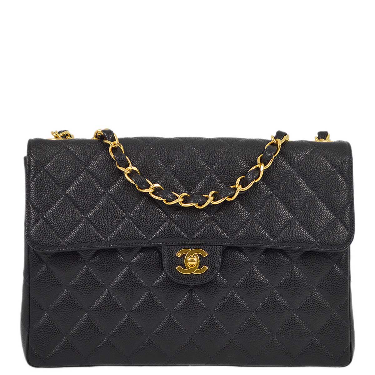 Luxury Chanel 2000-2001 Black Caviar Jumbo Classic Flap Shoulder Bag