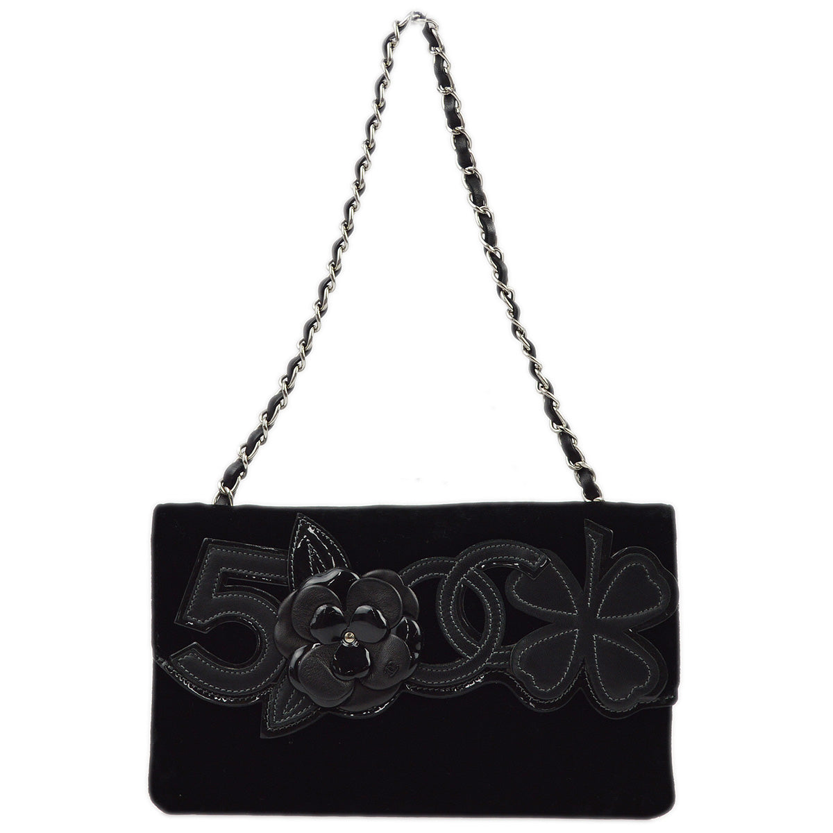 Luxury Chanel 2005-2006 Black Velvet Camelia Single Chain Shoulder Bag