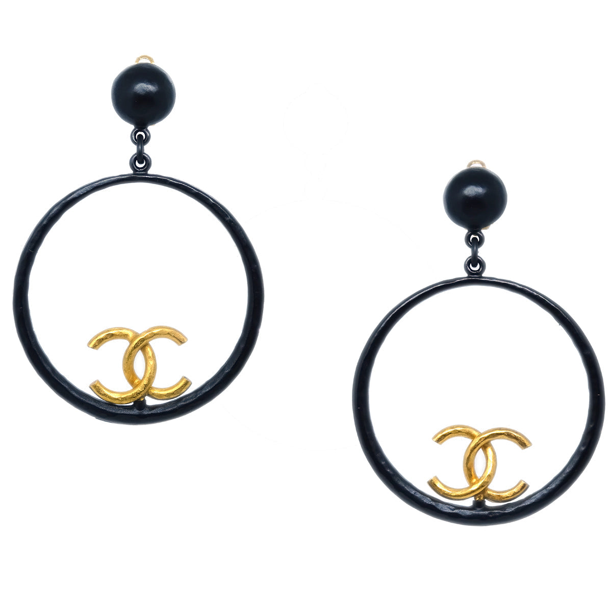 Luxury Chanel Hoop Dangle Earrings Clip-On Black 93P