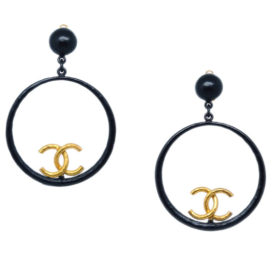 Luxury Chanel Hoop Dangle Earrings Clip-On Black 93P