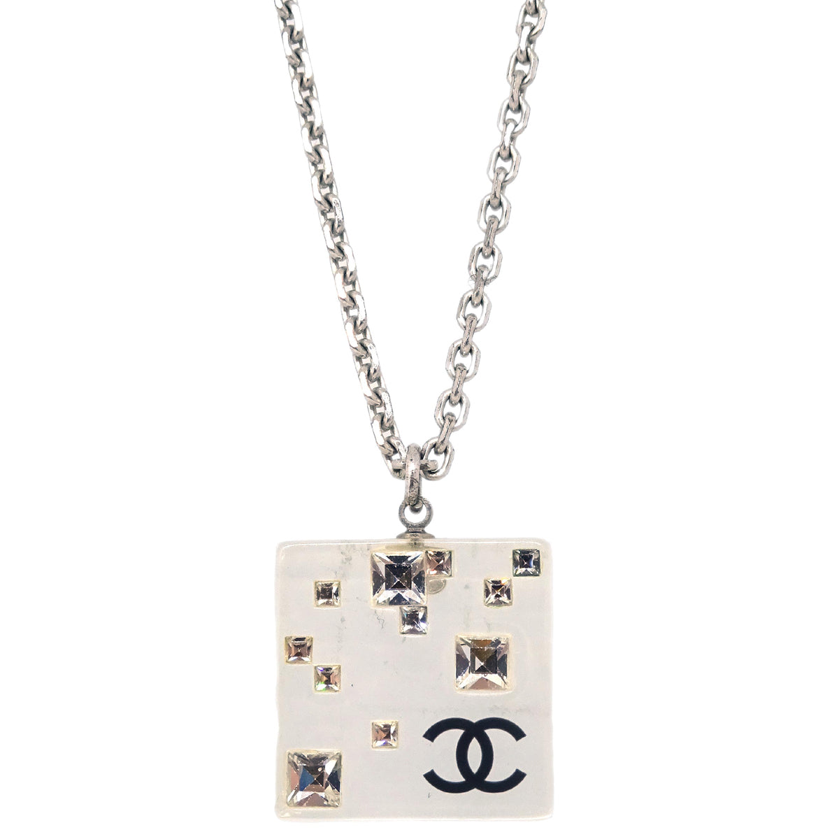 Luxury Chanel Silver Square Necklace Pendant Rhinestone 05A