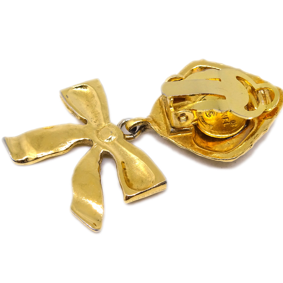 Luxury Chanel Bow Dangle Earrings Clip-On Gold