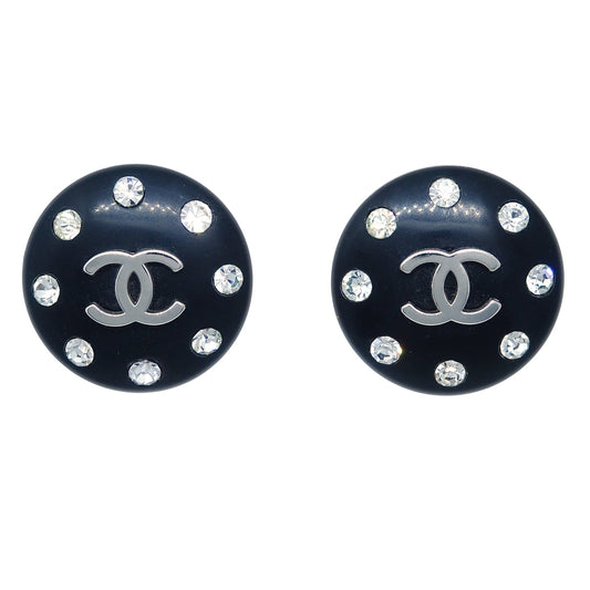 Luxury Chanel Button Earrings Clip-On Rhinestone Black 96P