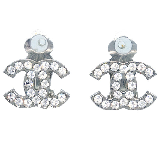 Luxury Chanel CC Rhinestone Earrings Clip-On Silver 06V