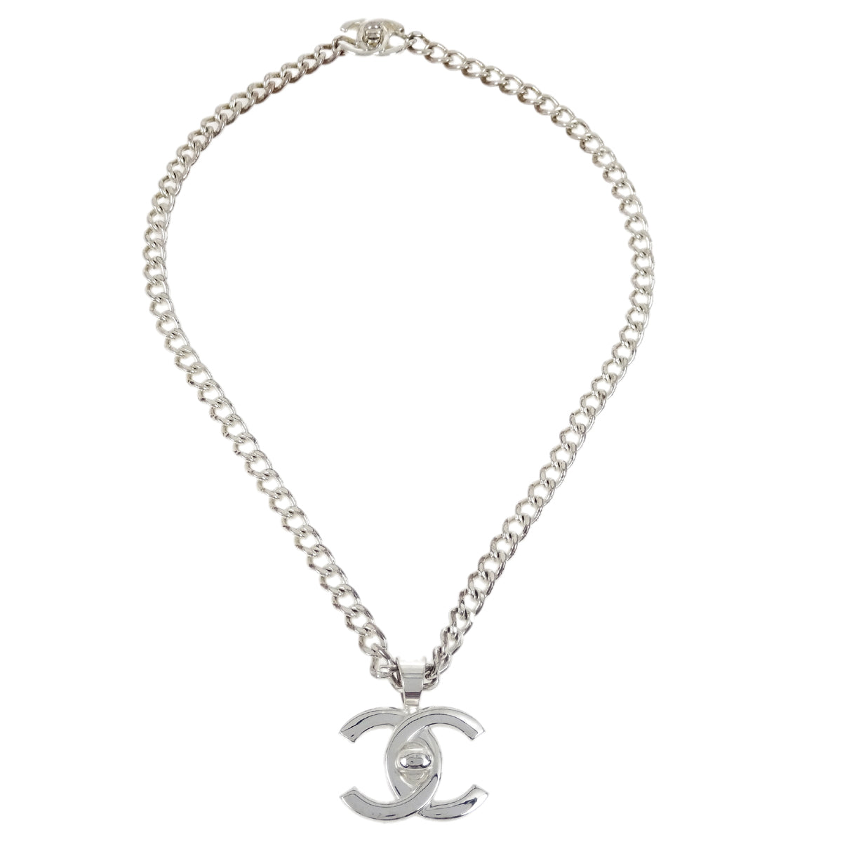 Luxury Chanel Turnlock Chain Pendant Necklace Silver 97P