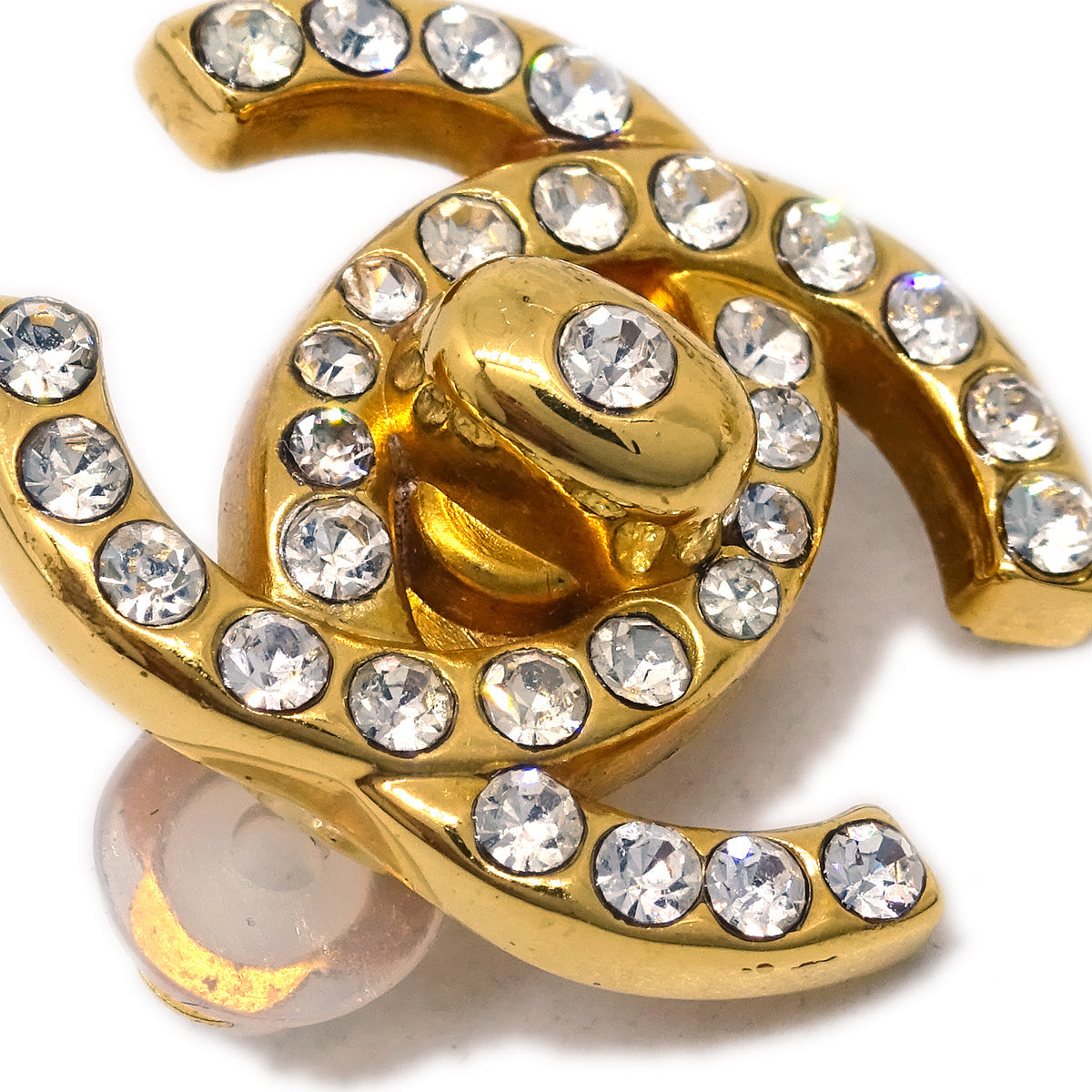 Luxury Chanel Gold CC Turnlock Earrings Rhinestone Clip-On 96A