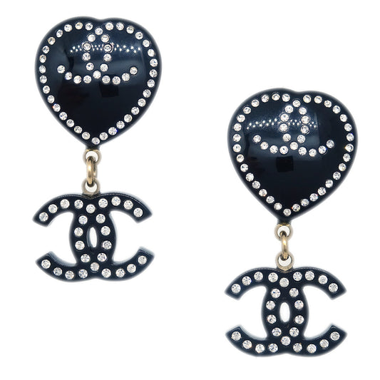 Luxury Chanel Rhinestone Heart Dangle Earrings Clip-On Black 09C