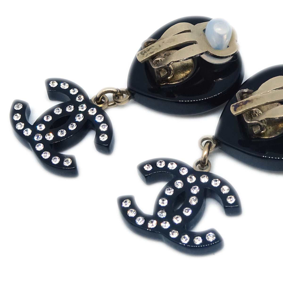 Luxury Chanel Rhinestone Heart Dangle Earrings Clip-On Black 09C