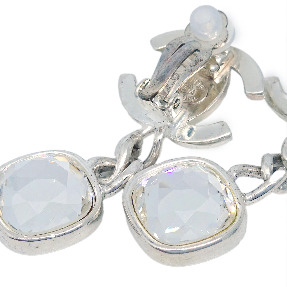 Luxury Chanel Dangle Turnlock Earrings Clip-On Silver Rhinestone 97A