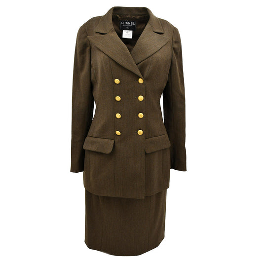 Luxury Chanel Setup Suit Jacket Skirt Brown 96A #40