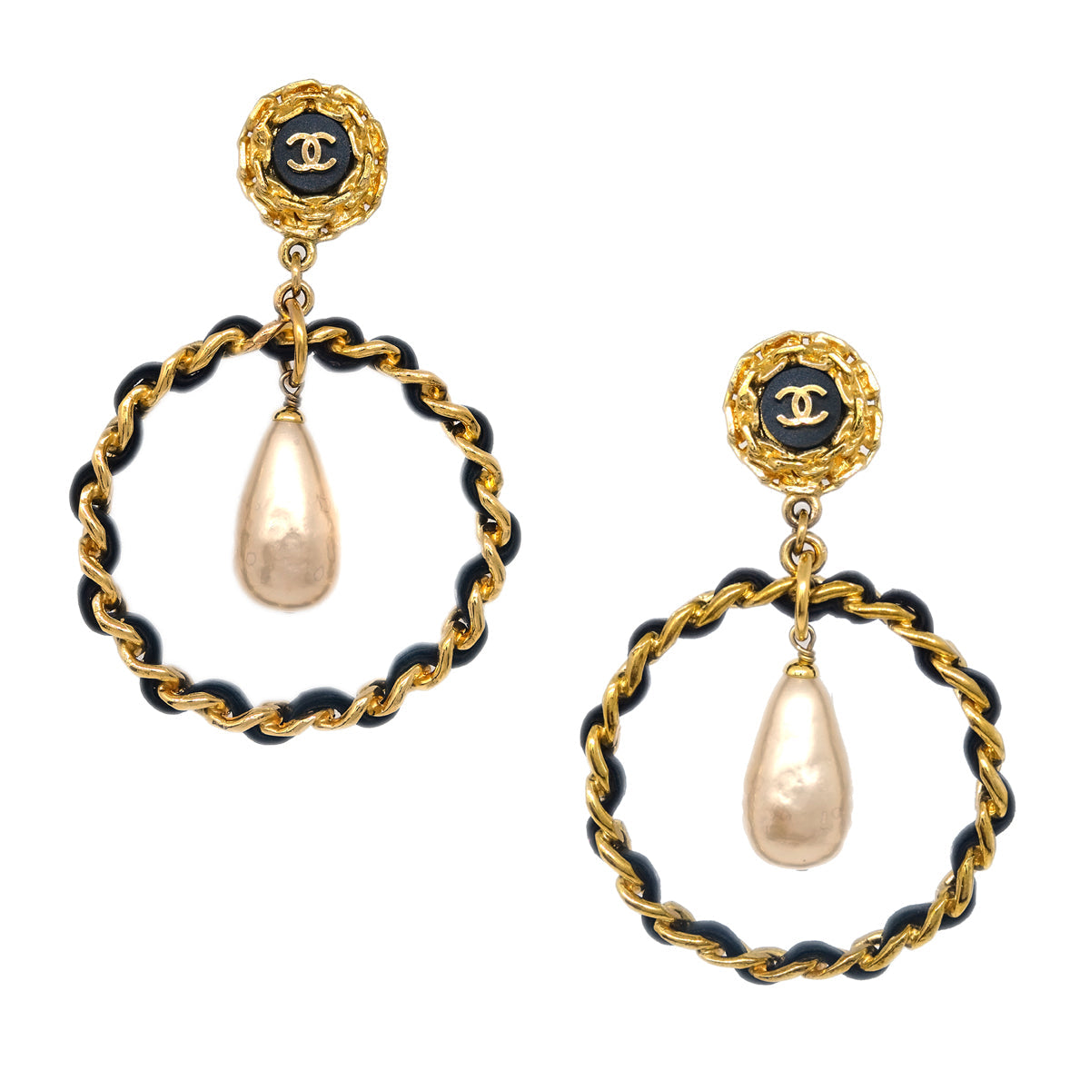 Luxury Chanel Dangle Hoop Earrings Gold Artificial Pearl Clip-On 27