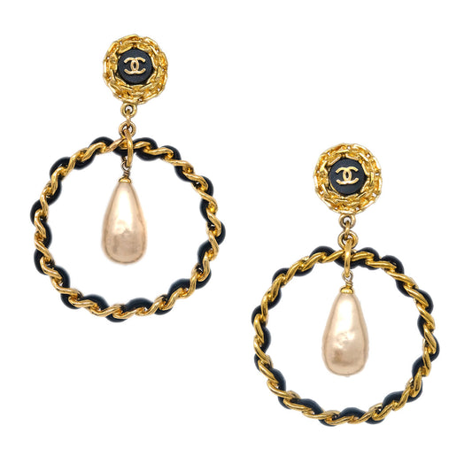 Luxury Chanel Dangle Hoop Earrings Gold Artificial Pearl Clip-On 27
