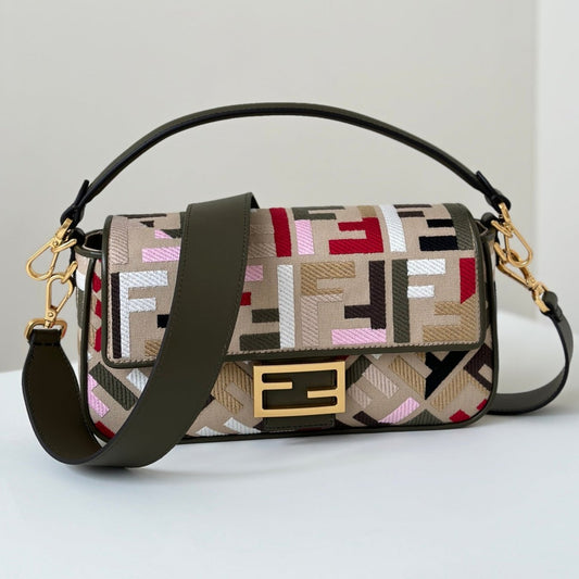 Luxury FendiBAGUETTE CANVAS 27 BAG WITH MULTICOLOUR FF EMBROIDERY GOLD HARDWARE