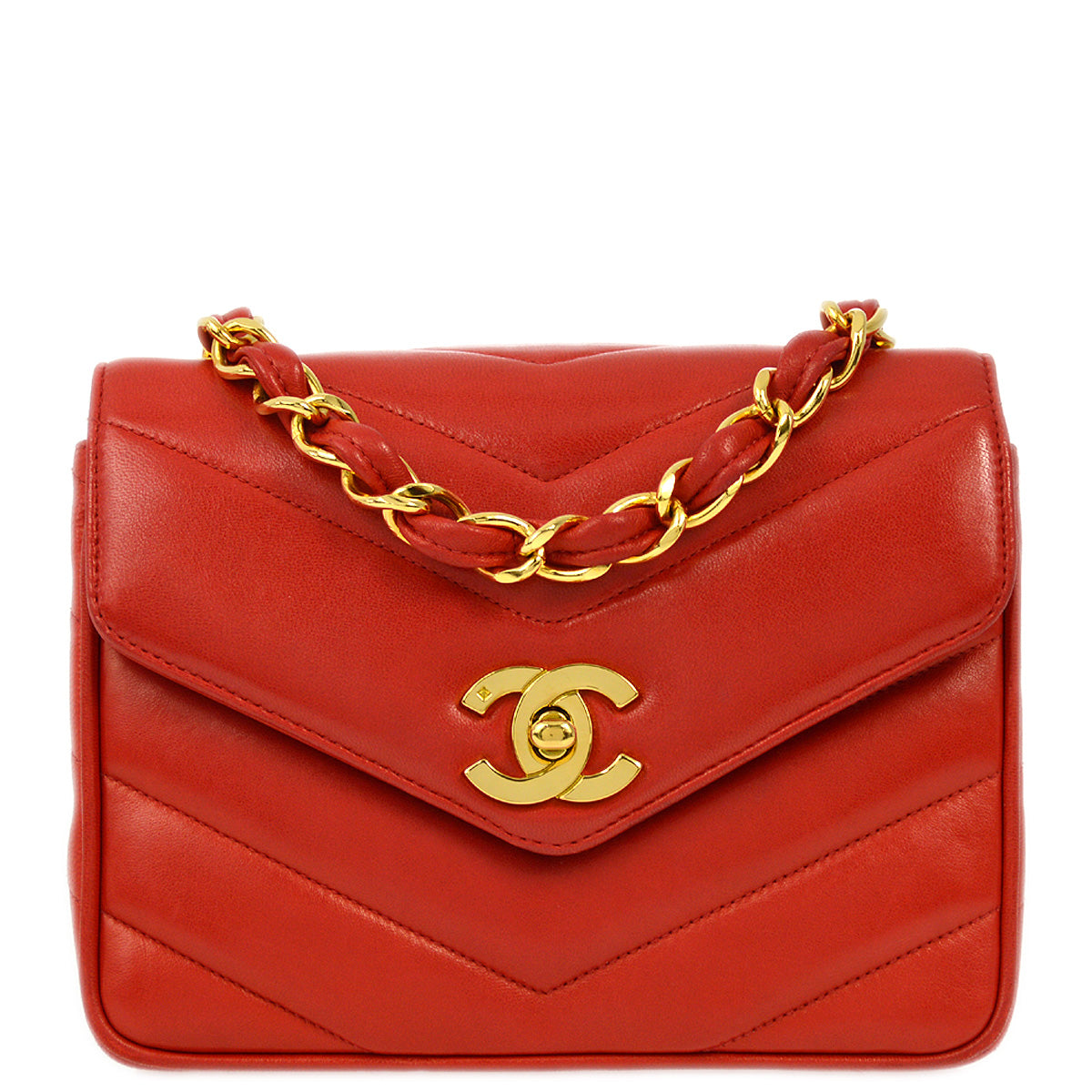 Luxury Chanel 1994-1996 Red Lambskin Chevron Chain Shoulder Bag