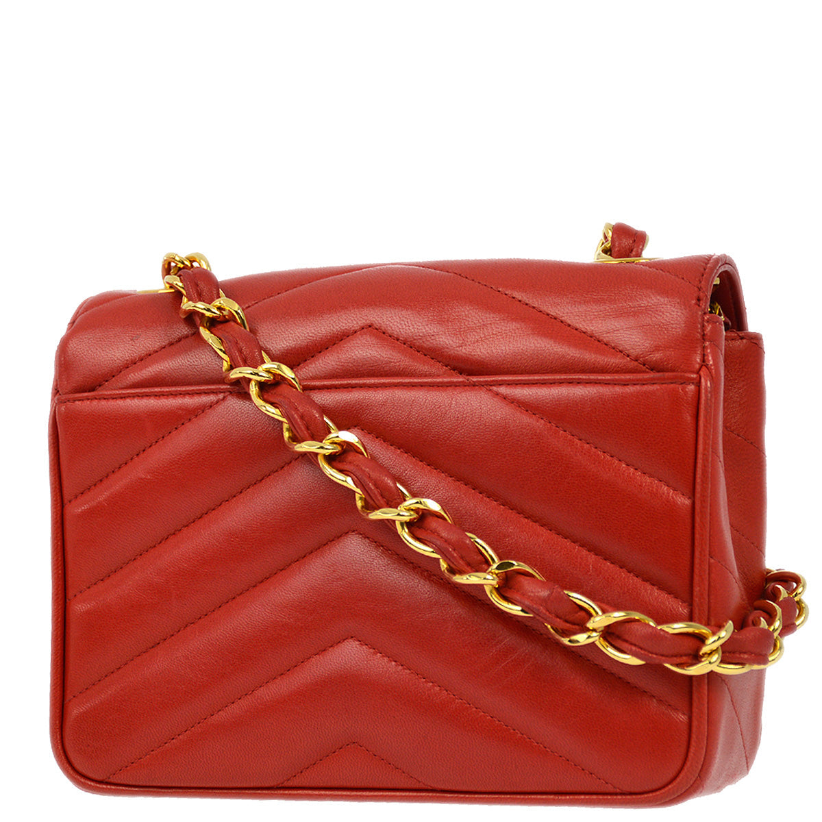 Luxury Chanel 1994-1996 Red Lambskin Chevron Chain Shoulder Bag