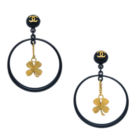 Luxury Chanel Black Clover Hoop Dangle Earrings Clip-On 94C
