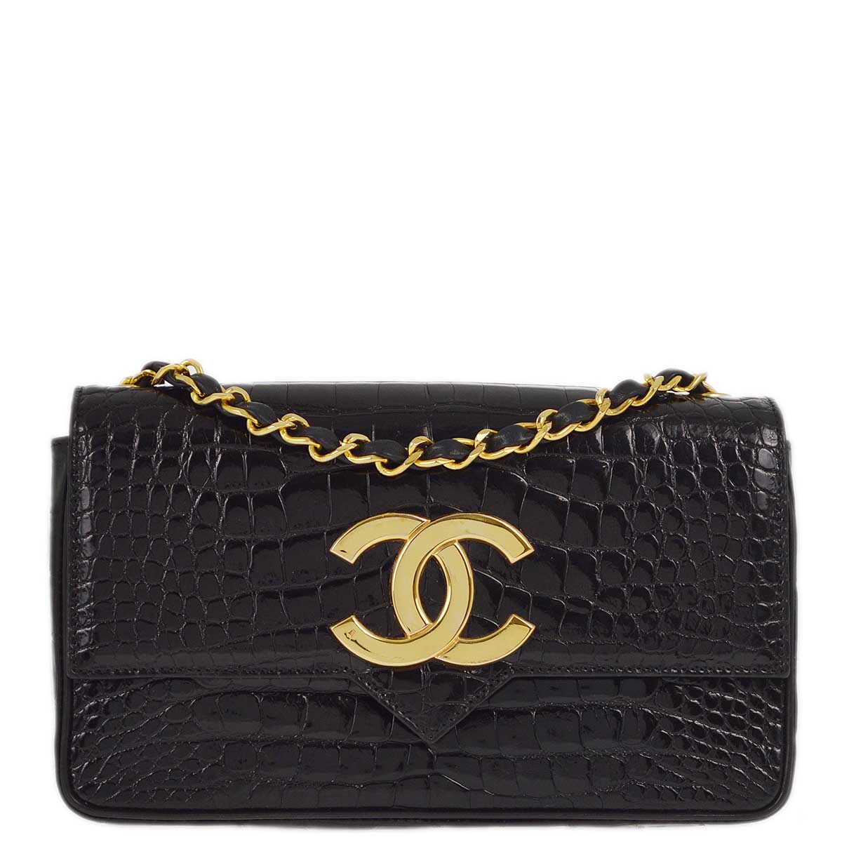 Luxury Chanel * 1986-1988 Black Crocodile Chain Shoulder Bag