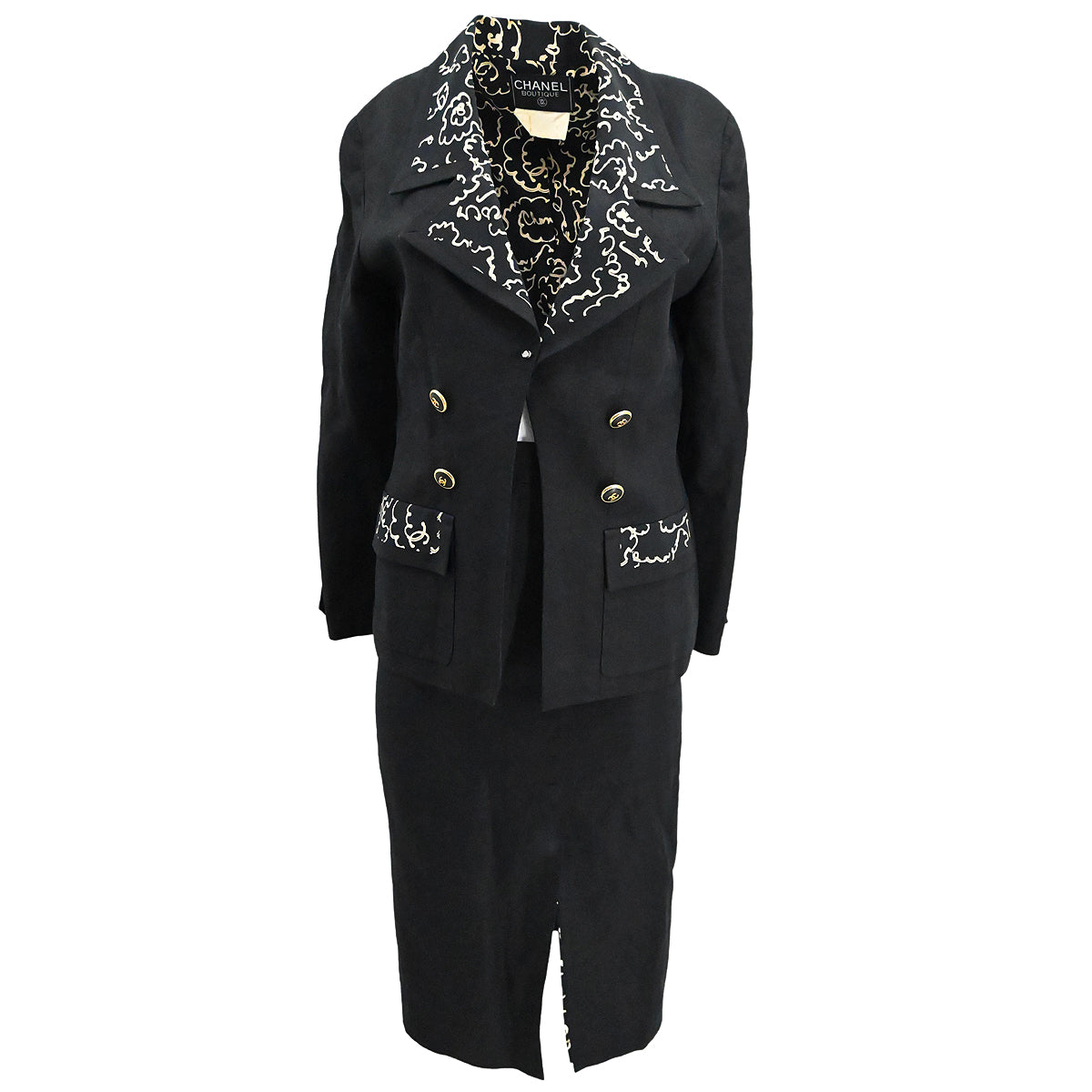 Luxury Chanel Setup Suit Jacket Skirt Black 93P #38