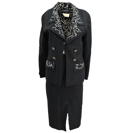 Luxury Chanel Setup Suit Jacket Skirt Black 93P #38
