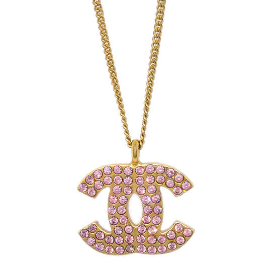 Luxury Chanel CC Chain Pendant Necklace Rhinestone Gold 02P