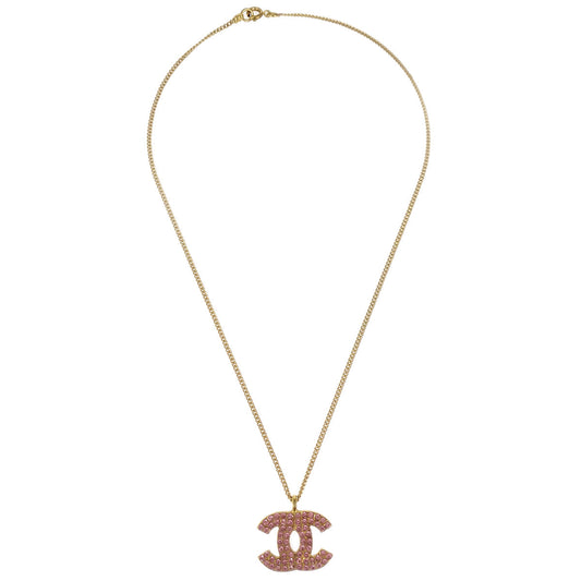 Luxury Chanel CC Chain Pendant Necklace Rhinestone Gold 02P
