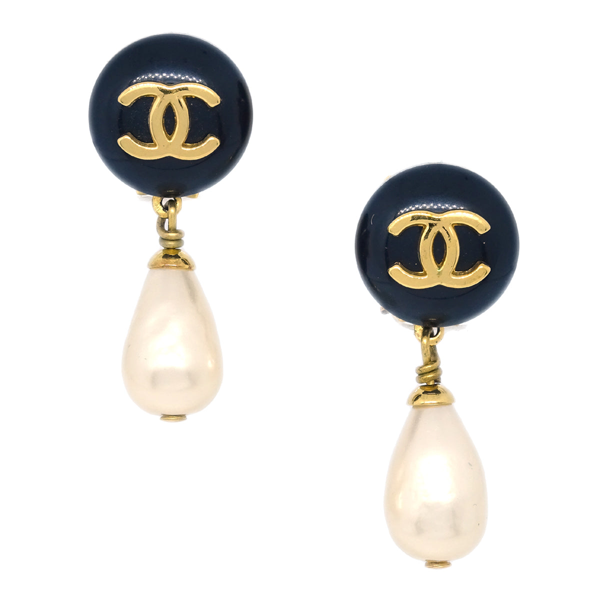 Luxury Chanel Artificial Pearl Dangle Earrings Clip-On Gold 96P