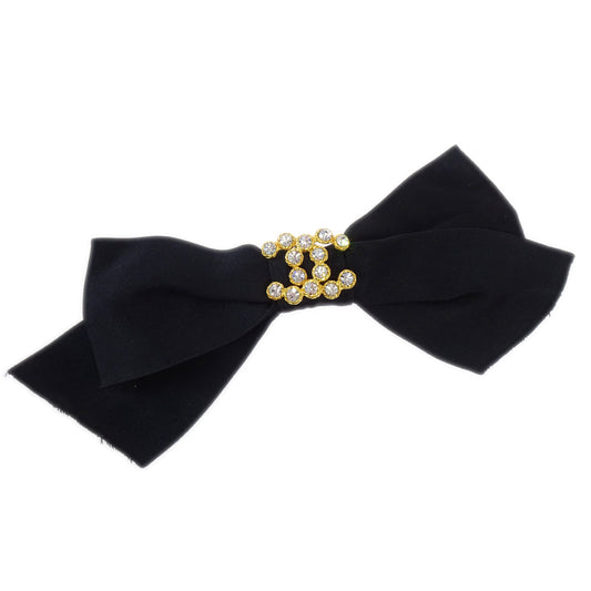 Luxury Chanel Bow Satin Hair Barrette Rhinestone Black