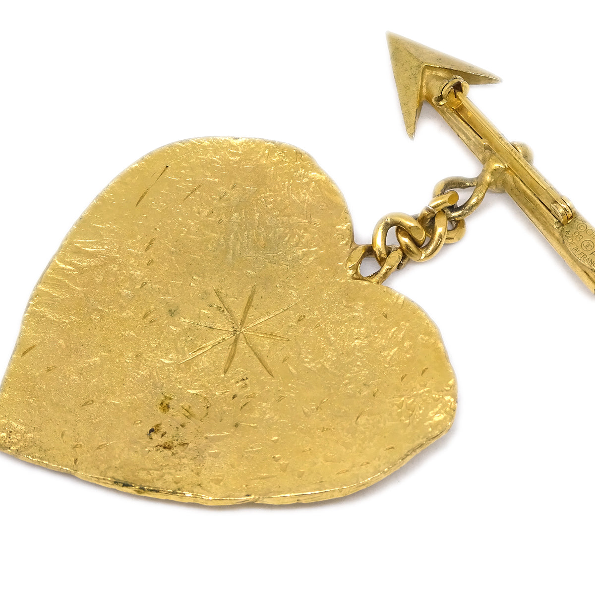 Luxury Chanel Bow And Arrow Heart Brooch Pin Gold 93P