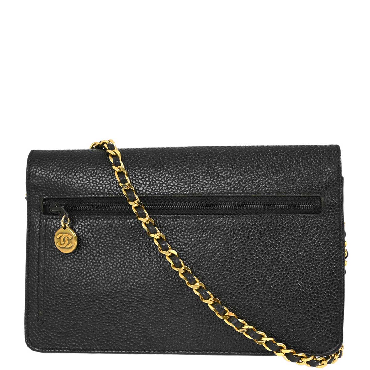 Luxury Chanel 1996-1997 Black Caviar WOC Chain Shoulder Wallet Bag