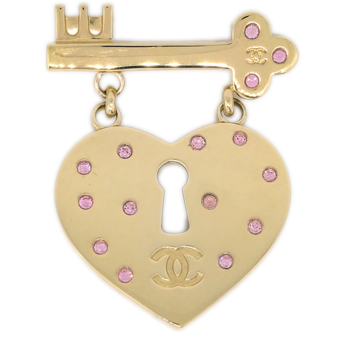 Luxury Chanel Heart Rhinestone Brooch Corsage Gold 02P