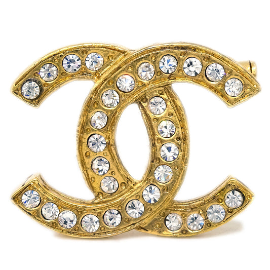 Luxury Chanel CC Brooch Pin Rhinestone Gold
