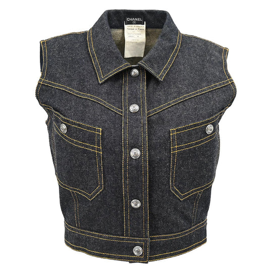 Luxury Chanel Sleeveless Vest Denim Jacket Indigo E97 #38