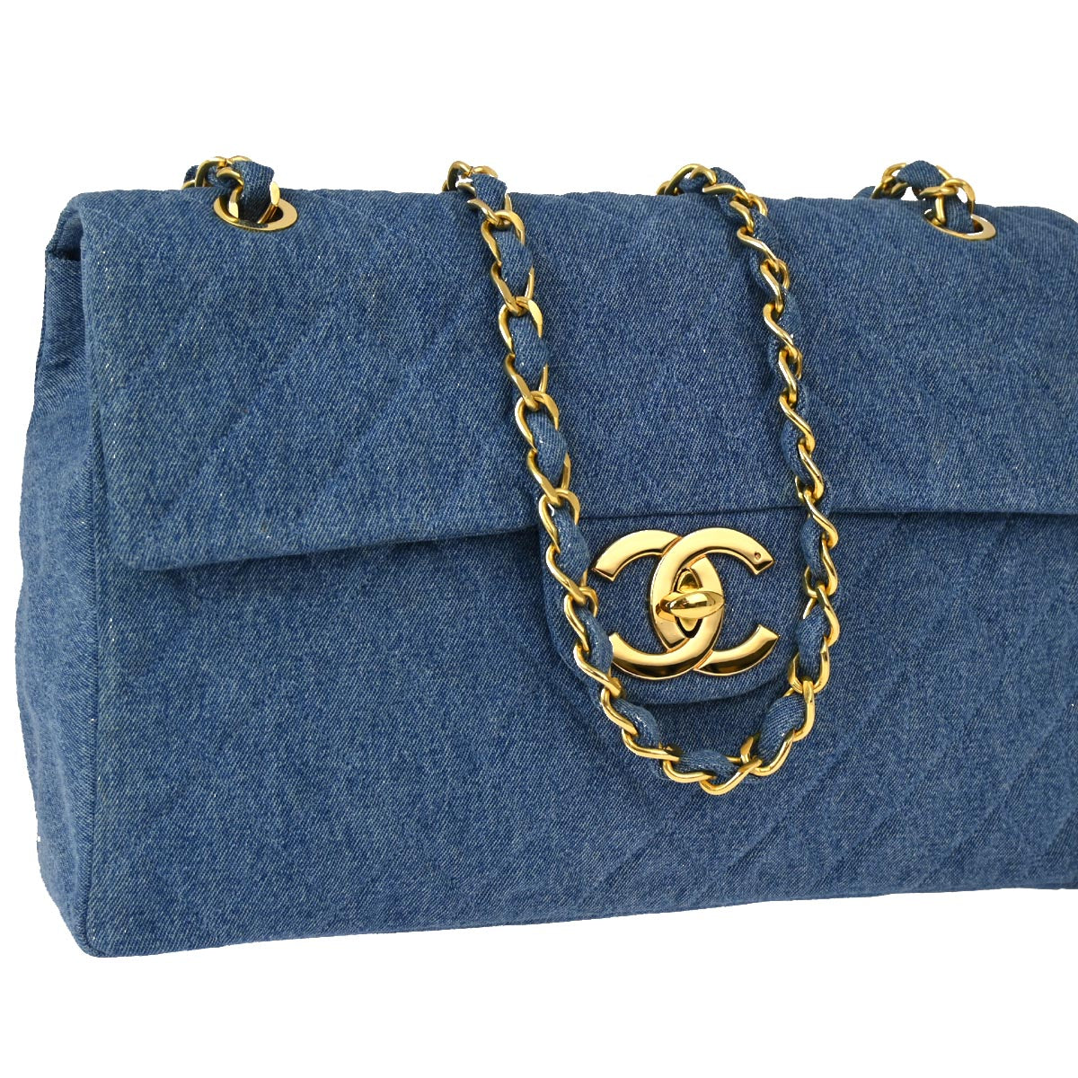 Luxury Chanel * 1989-1991 Blue Denim Maxi Classic Flap Shoulder Bag