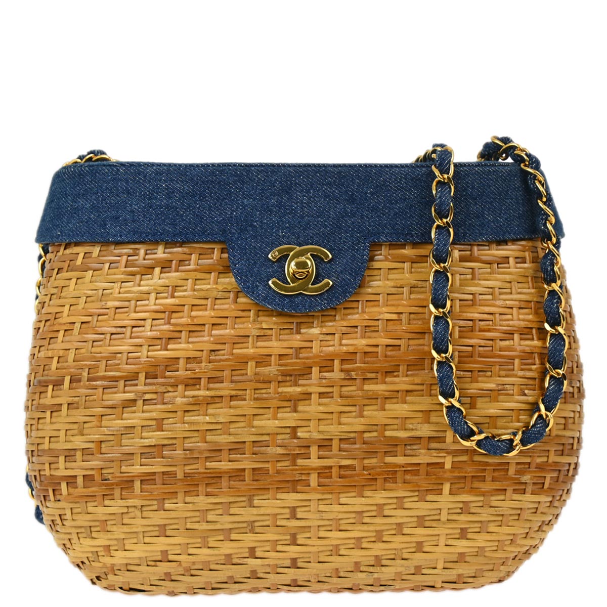 Luxury Chanel * 1997-1999 Blue Denim Rattan Basket Chain Shoulder Bag