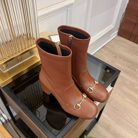 Luxury Gucci GG Horsebit Ankle Boot 65 Brown Calfskin