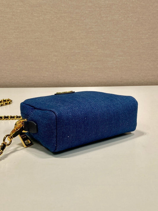 Luxury PradaMINI BAG 14 IN AZURE BLUE DENIM GOLD HARDWARE