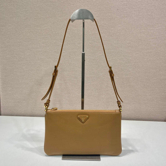 Luxury PradaTRIANGLE LOGO SHOULDER BAG 24 IN PEANUT BROWN SMOOTH CALFSKIN